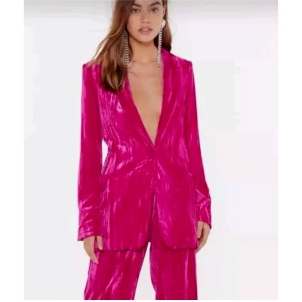 Nasty Gal Collection crushed velvet hot pink single breasted blazer size 8